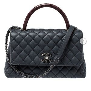 Chanel Grey/Burgundy Caviar Leather and Lizard Medium Coco Top Handle Bag